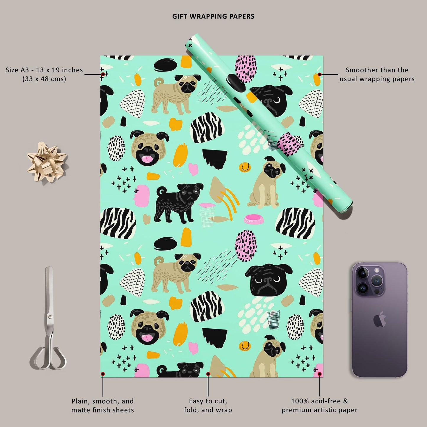 Dog Pug Puppies Art & Craft Gift Wrapping Paper
